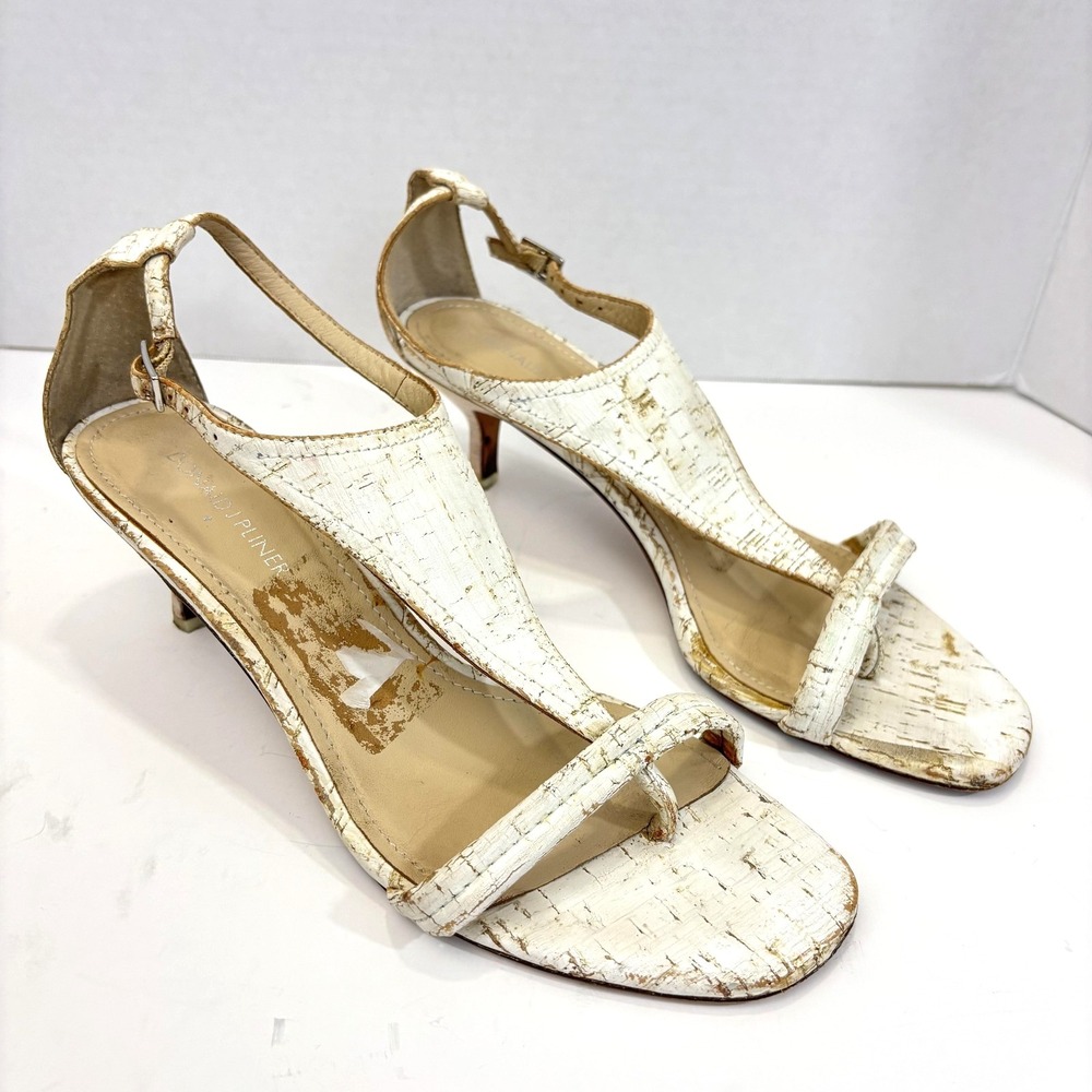 Donald J Pliner Shabby Chic Stiletto Sandals Heels Shoes Sz 9.5 White Monti Cork